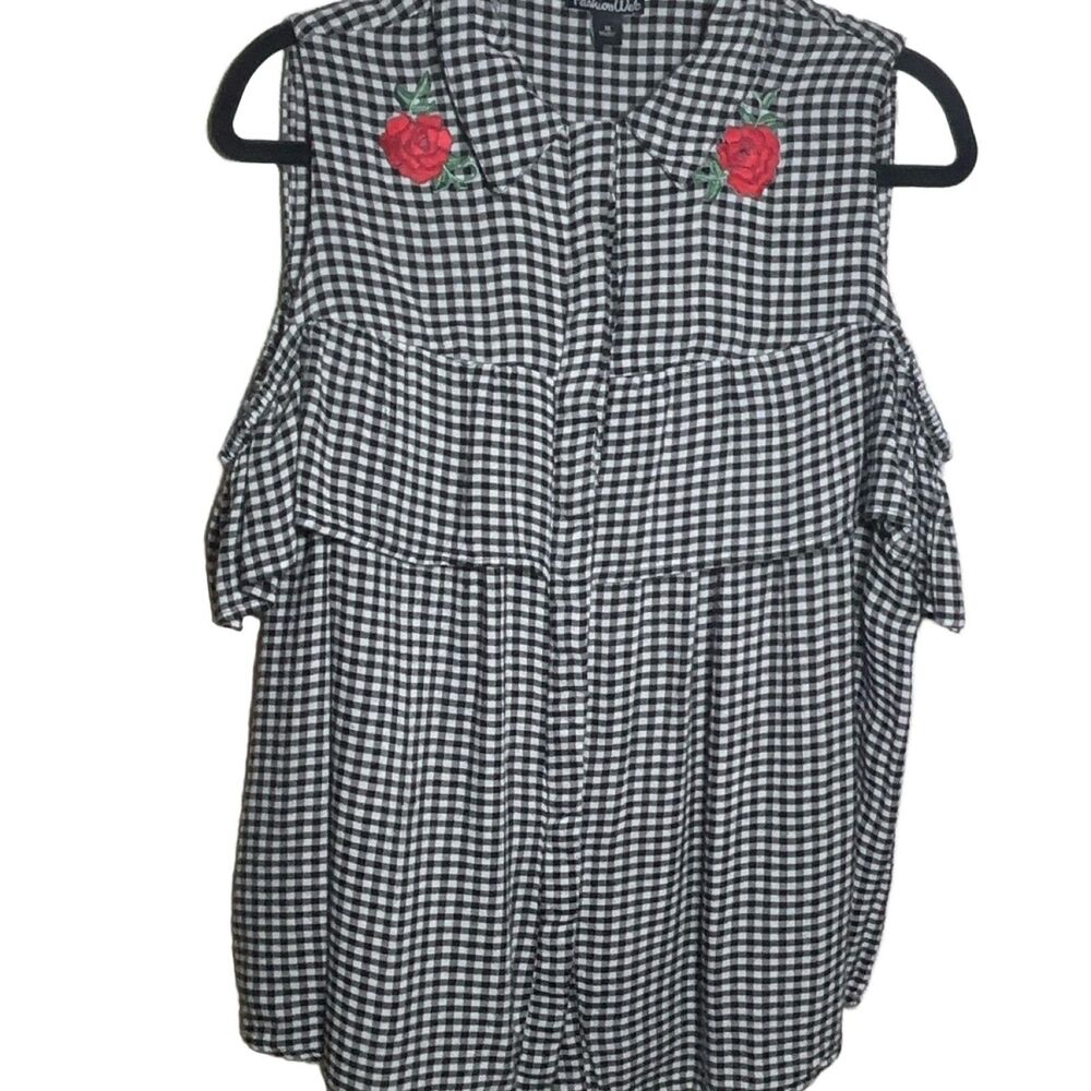 FashionWeb Gingham Cold Shoulder Ruffle Top Shirt Black White 1X Rayon